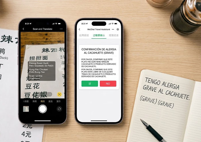 Traducción de menú y nota de alergias en chino para viajar