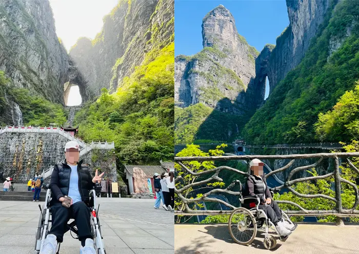 Turista en silla de ruedas visitando el Parque Nacional de Zhangjiajie y la Montaña Tianmen