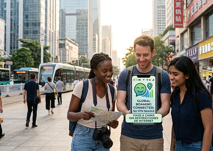 Turistas usando internet en China (imagen generada por IA)