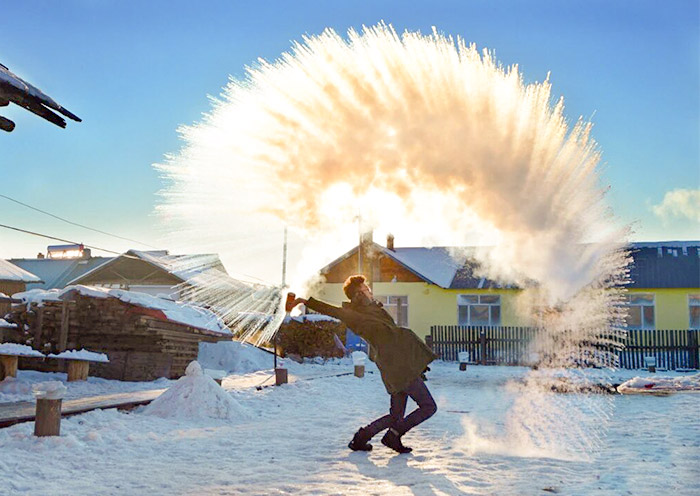 Throwing water becomes ice