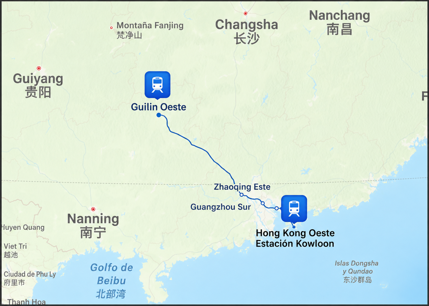 Mapa del tren de Hong Kong a Guilin